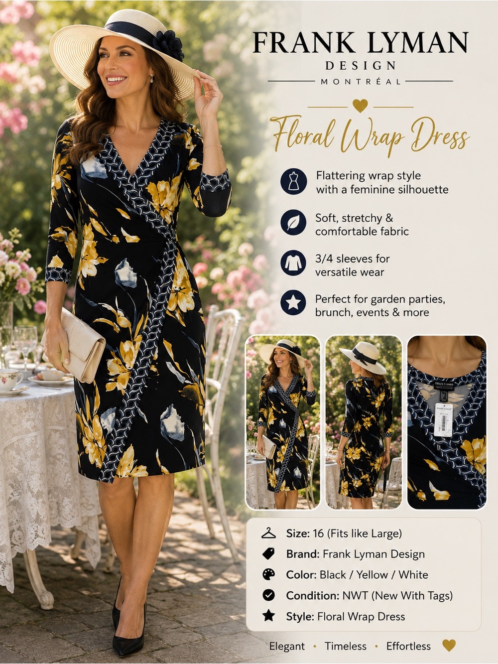 Frank Lyman Design Black Floral Wrap Midi Dress with Yellow & White Flowers